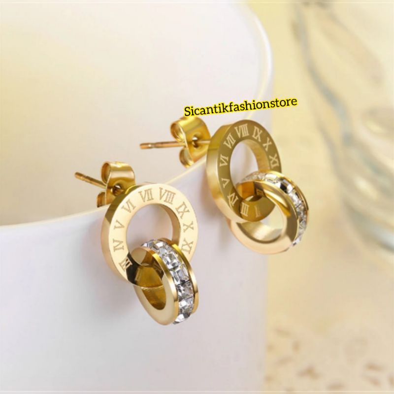 Anting Wanita Korea Titanium Gold Model Ring Anti Karat selamanya Anting Wanita Gold Ring kekinian Mewah Terbaru Fashion Wanita Anting Ring Gold