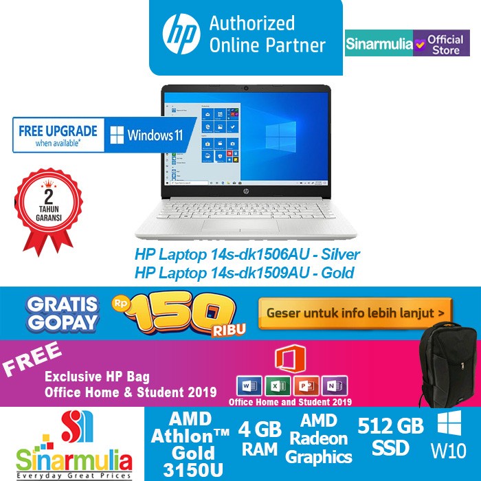 {MahesStore} Laptop HP 14s-dk1506AU/dk1509AU ATHLON 3150 4GB 512GB SSD Win10OHS - Gold Berkualitas