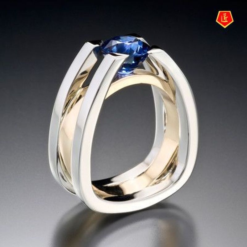 [Ready Stock]Inlaid Sapphire Ring 18K Gold Two-Tone