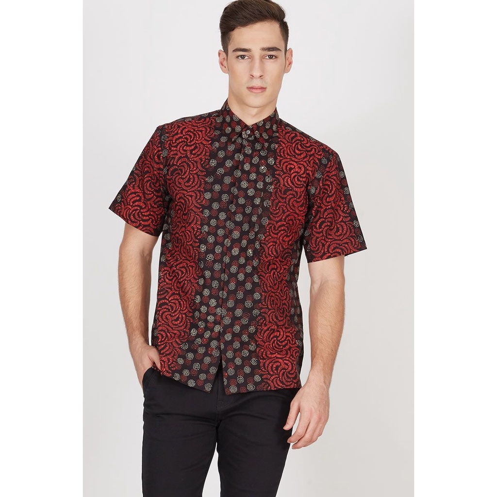 Kemeja Baju Batik Pria Lengan Pendek Hem Cap Merah Hitam - Nulaba