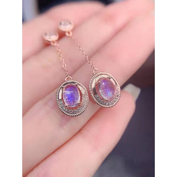 Anting Drop Panjang Desain Moonstone Gaya Korea Minimalis Warna Rose Gold Untuk Wanita