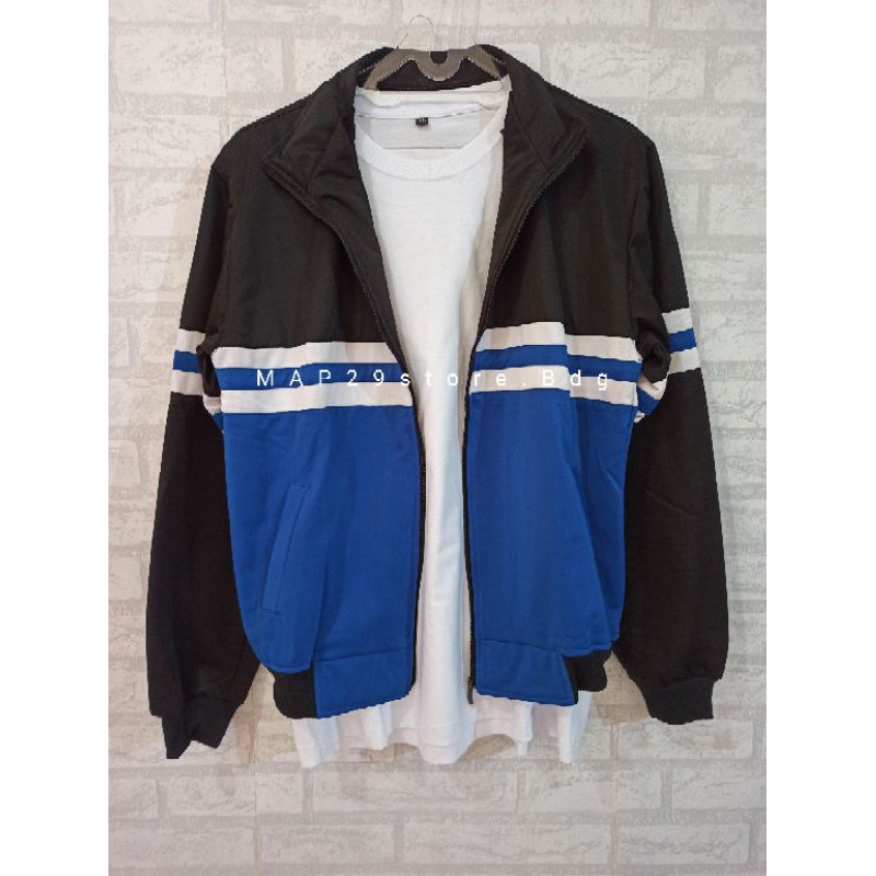 PROMO Jaket tracktop hitam/biru DISKON