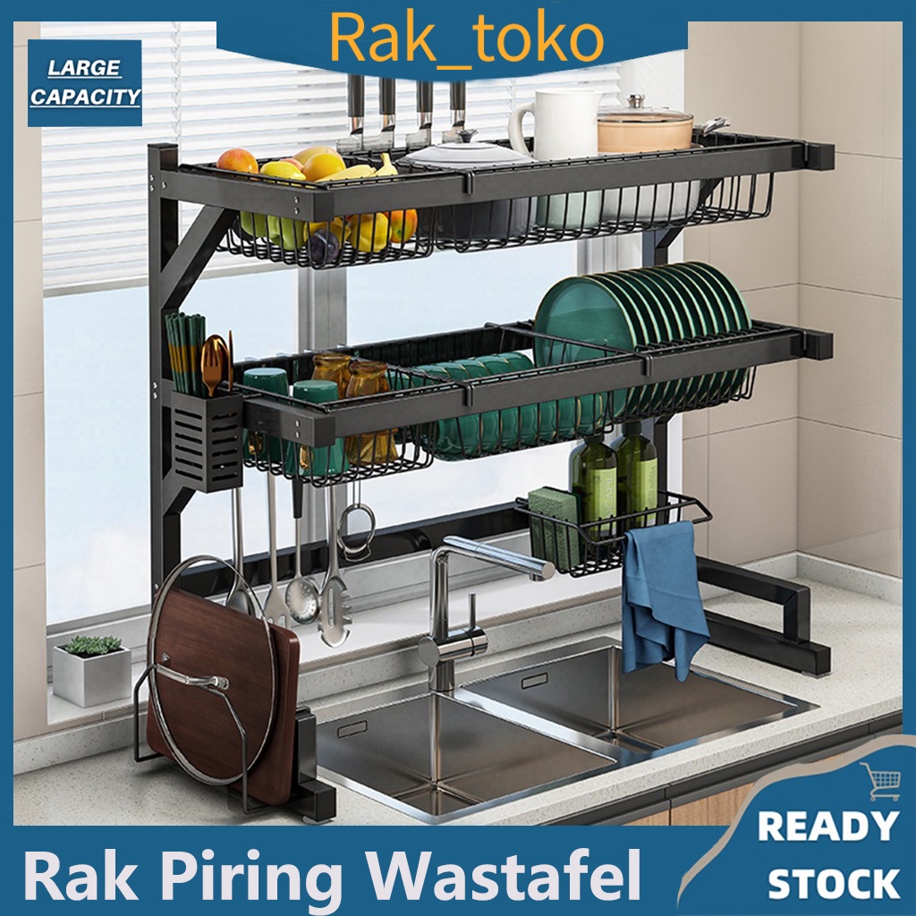 Rak Piring Wastafel Stainless Steel Hitam Peralatan Dapur Kokoh Kuat