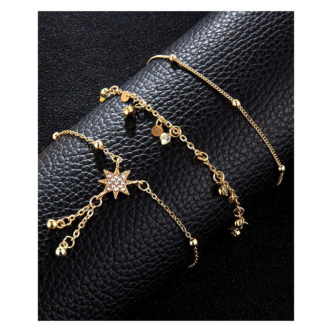 LRC Gelang Kaki Fashion Gold Rice Beads Beaded Six-pointed Star Alloy Anklet 3 Piece F67391