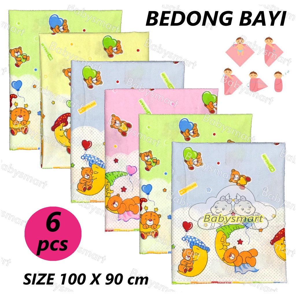 Babysmart - 6 PCS Bedong Bayi Kain Flanel Size 100 x 90 cm / Selimut bayi / Alas tidur bayi