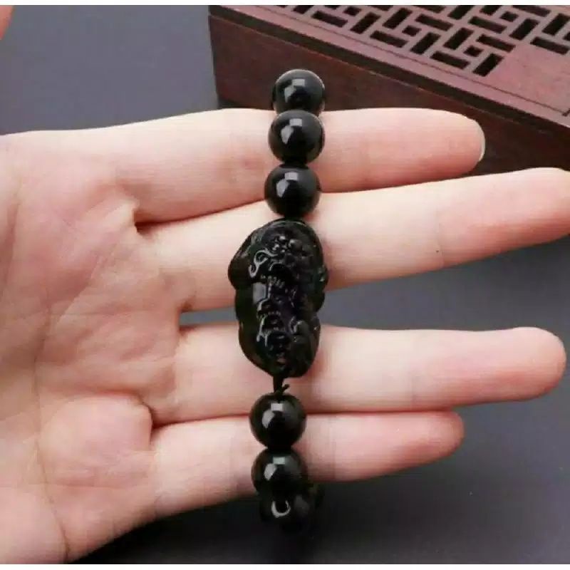 COD✅ Gelang Batu Giok Hitam Pixiu Gelang Keberuntungan 10mm