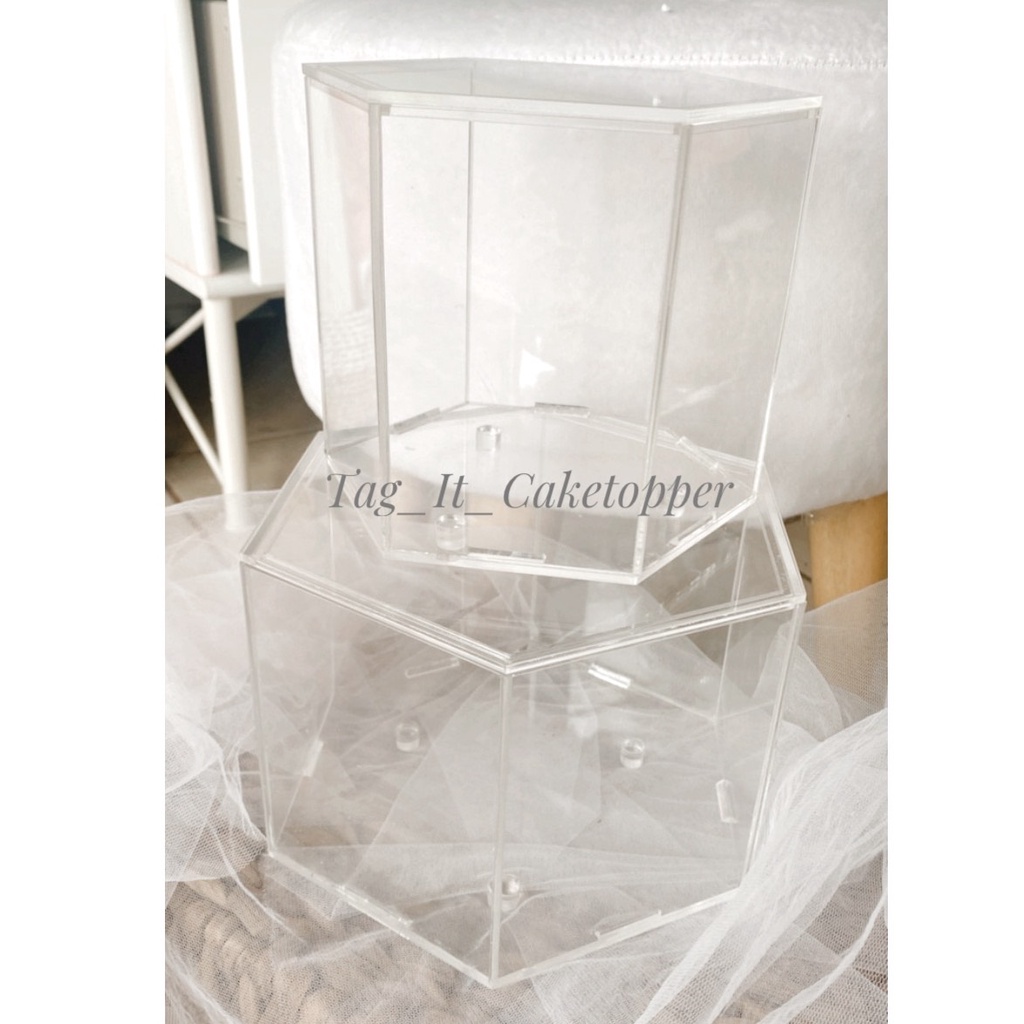 Box Hexagon Akrilik Bening Hiasan Display Kue Ultah Wedding Tier Cake Clear Acrylic Kotak Mahar Nika