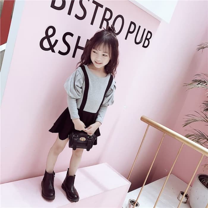 Dress Baju Anak Perempuan Cewek Import Overall Kaos Abu Hitam
