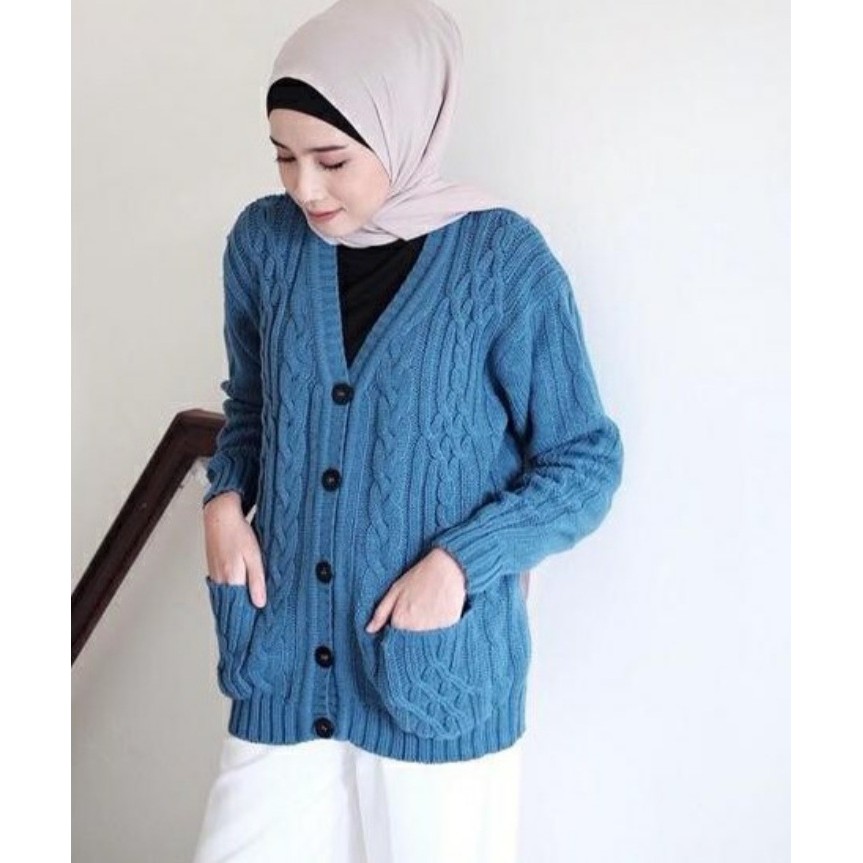 CABLE CARDY kardigan rajut kepang jumbo wanita panjang cardigan kancing oversize tebal terbaru impor-DENIM