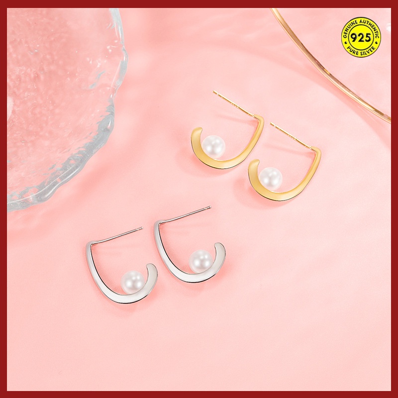 Anting Tusuk Sterling Silver 925 Desain Huruf J Hias Mutiara Kecil Untuk Wanita
