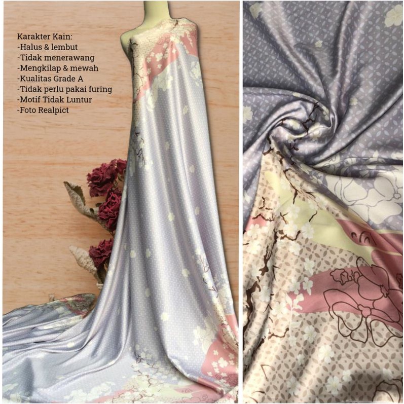 Kain Dr Silk Original Motif Bunga Sakura harga setengah meter