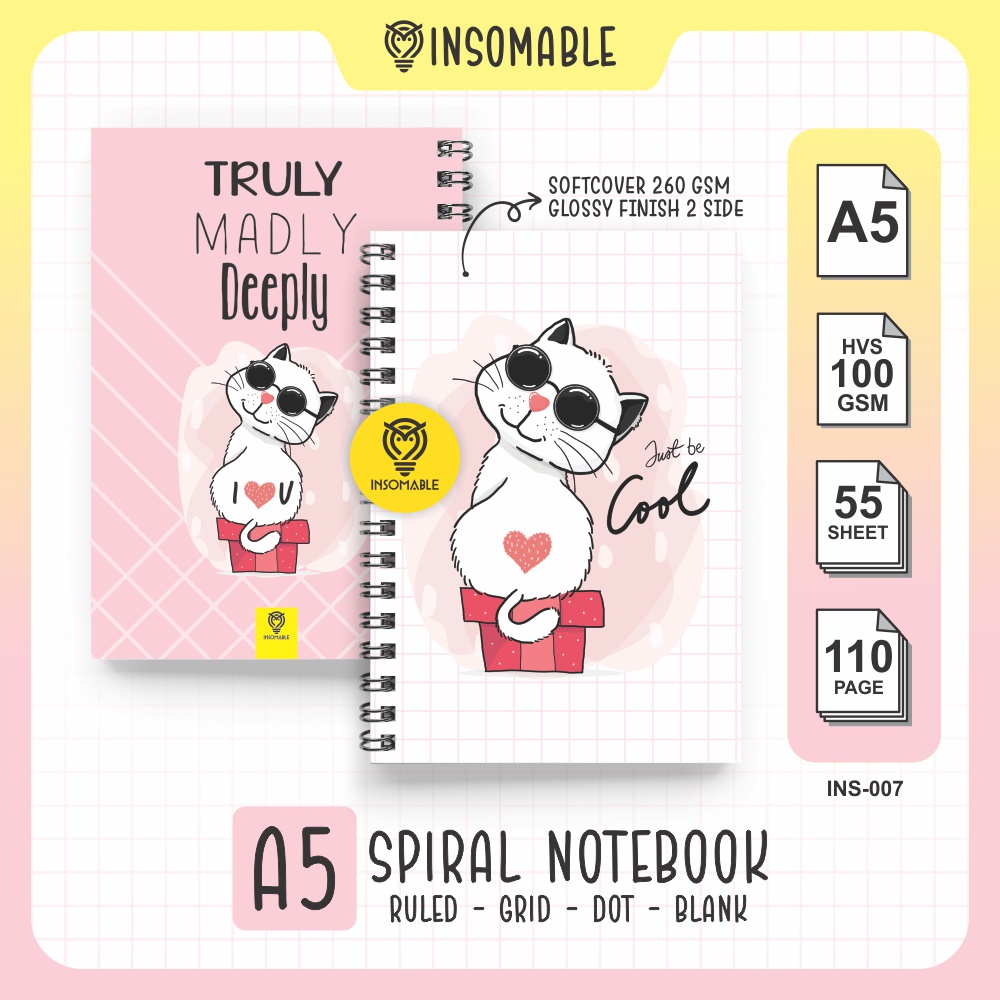 

Spiral Notebook A5, INS-007 Buku Catatan Kucing Lucu, Kawaii Cat Spiral Notebook - A5 isi 50 lembar HVS 100gsm [INSOMABLE]