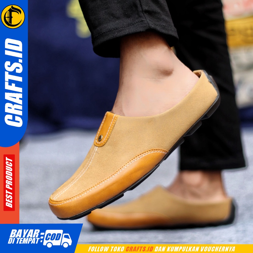 Sepatu Sendal Pria Casual Sepatu Slop Keren Kerja Outdoor Kulit Suede Original CRAFTS LUCCU