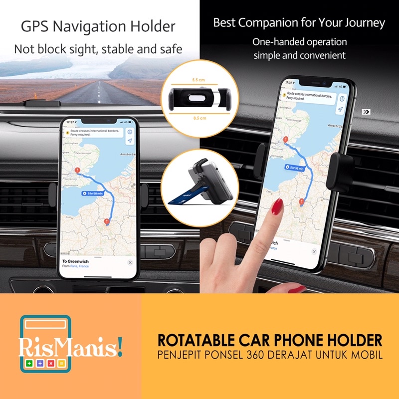 ROTATABLE CAR PHONE HOLDER - Penjepit Penahan HP Ponsel MP3 GPS AC Mobil Serbaguna Rotasi 360 Awet