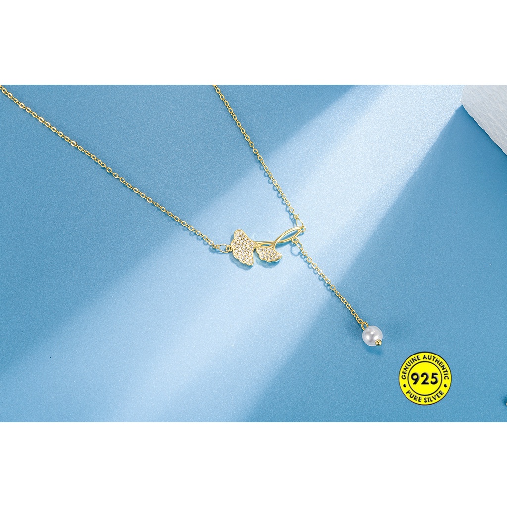 Kalung Rantai Emas 18K Dengan Liontin Daun Ginkgo + Mutiara Untuk Wanita