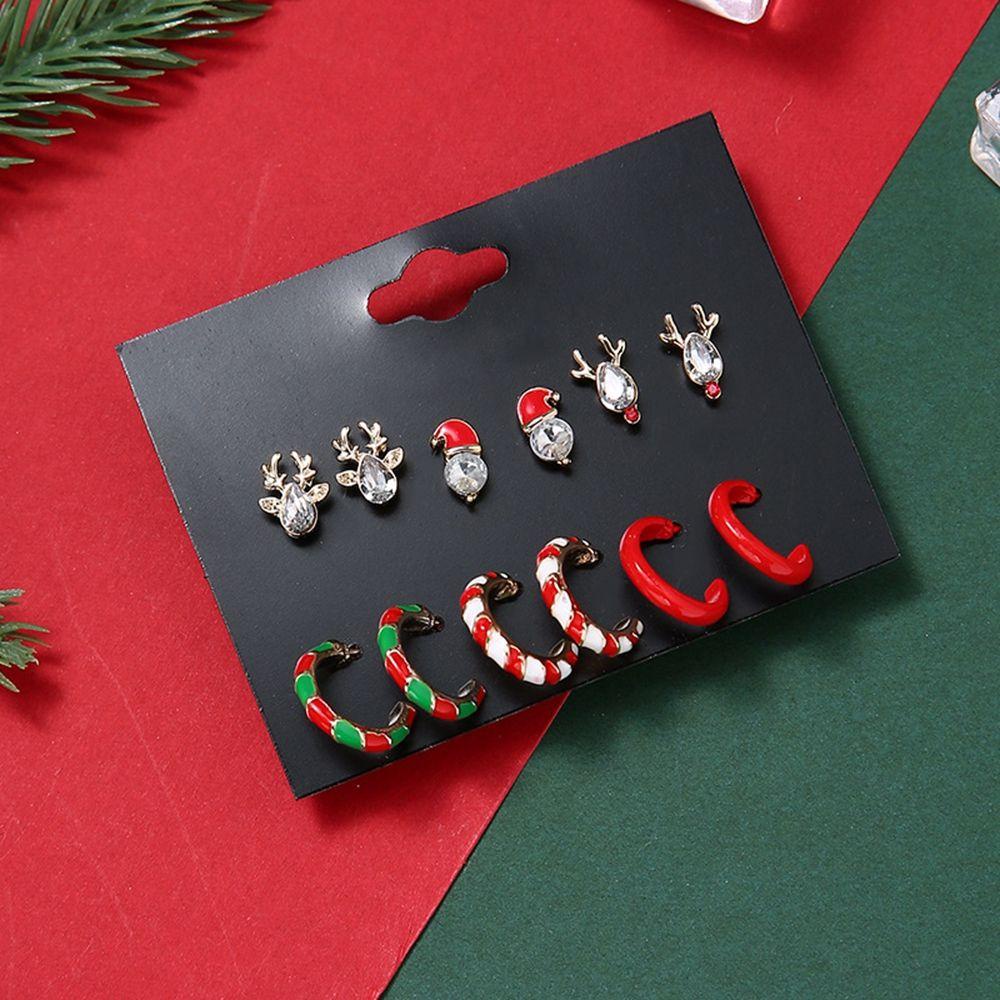 Mxbeauty Anting Natal Set Kepribadian Lucu Paduan Elk Gingerbread Man Pohon Natal Snowman C Shape Earrings Gaya Korea Earrings