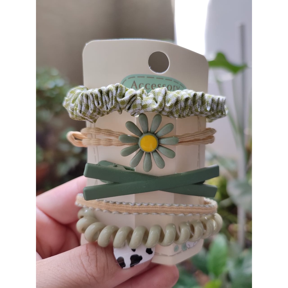 Ikat Rambut Korea Towel Ring Set ( isi 50pcs)-SET(5pc)-HIJAU KOTAK