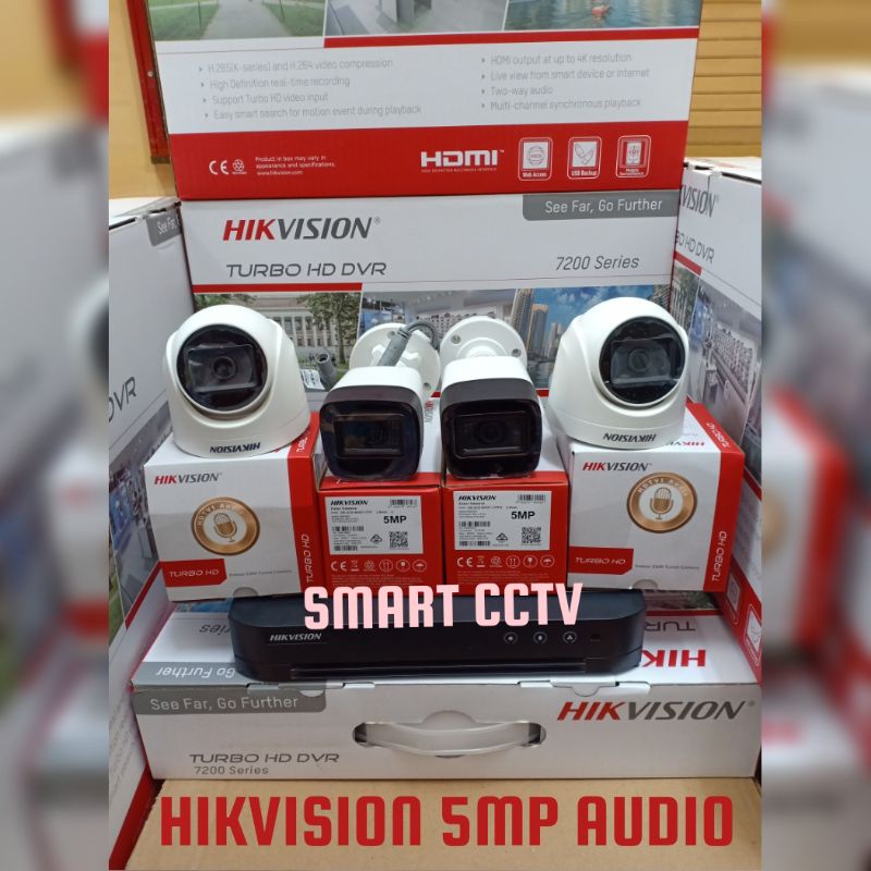 PAKET CCTV HIKVISION 5MP 4 CHANNEL 4 KAMERA NON AUDIO / AUDIO SERIES KOMPLIT GARANSI RESMI 2 TAHUN