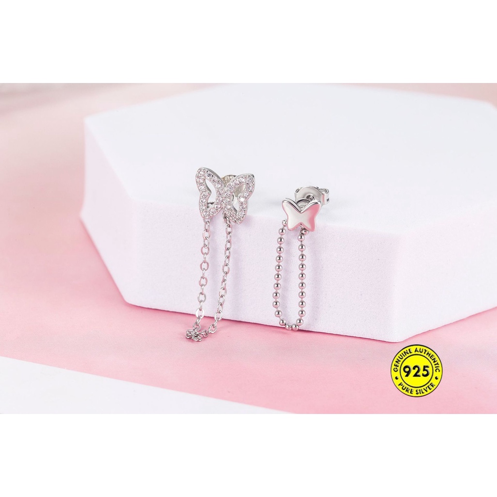 Anting Stud Desain Kupu-Kupu Asimetris Aksen Berlian Imitasi Bahan S925 Sterling Silver Tahan Air Untuk Wanita