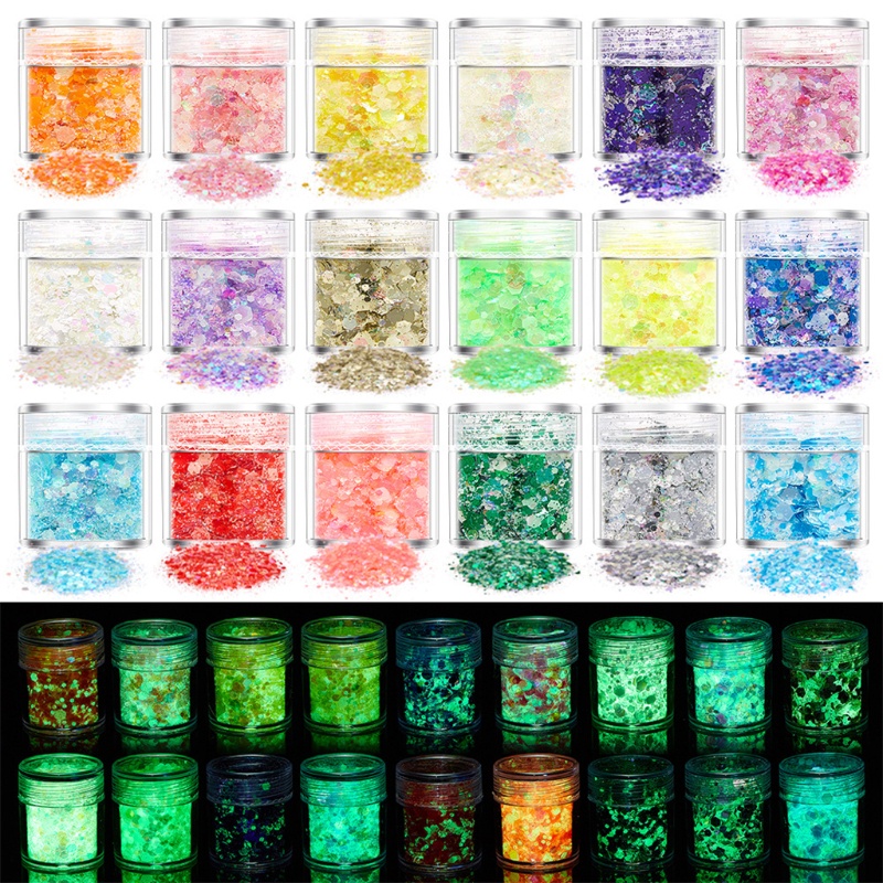 Siy 18 / 24 Warna Bubuk Glitter Sequin Holografik Luminous Untuk Dekorasi Nail Art