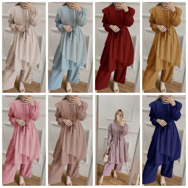 setcel brokat polka tile dot setelan kulot pesta brukat tule dotty seragam setelan celana lebaran