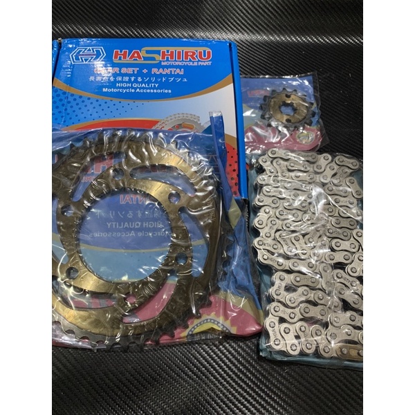 GIR PAKET Sepuh atau Bakar HASHIRU YAMAHA VIXION NEW,VIXION,VIXION OLD/ Gear Komplit / Gear set / Gir set / Chain Set / Chain Sprocket / Chain kit / Gear set / Gir komplit HASHIRU