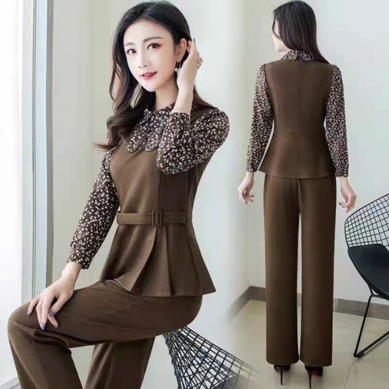 One Set Import Premium Setcel Stelan Peplum Wanita Coklat Pita Lis (FCOI579)