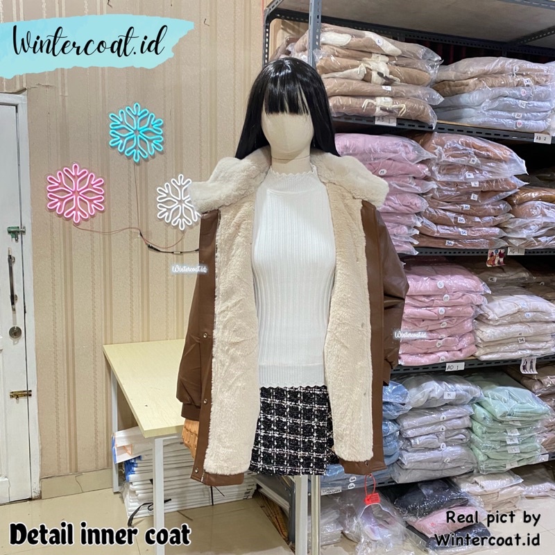 Coat winter wanita leather inner fur thermal Riri import mantel kulit bulu jacket korean style