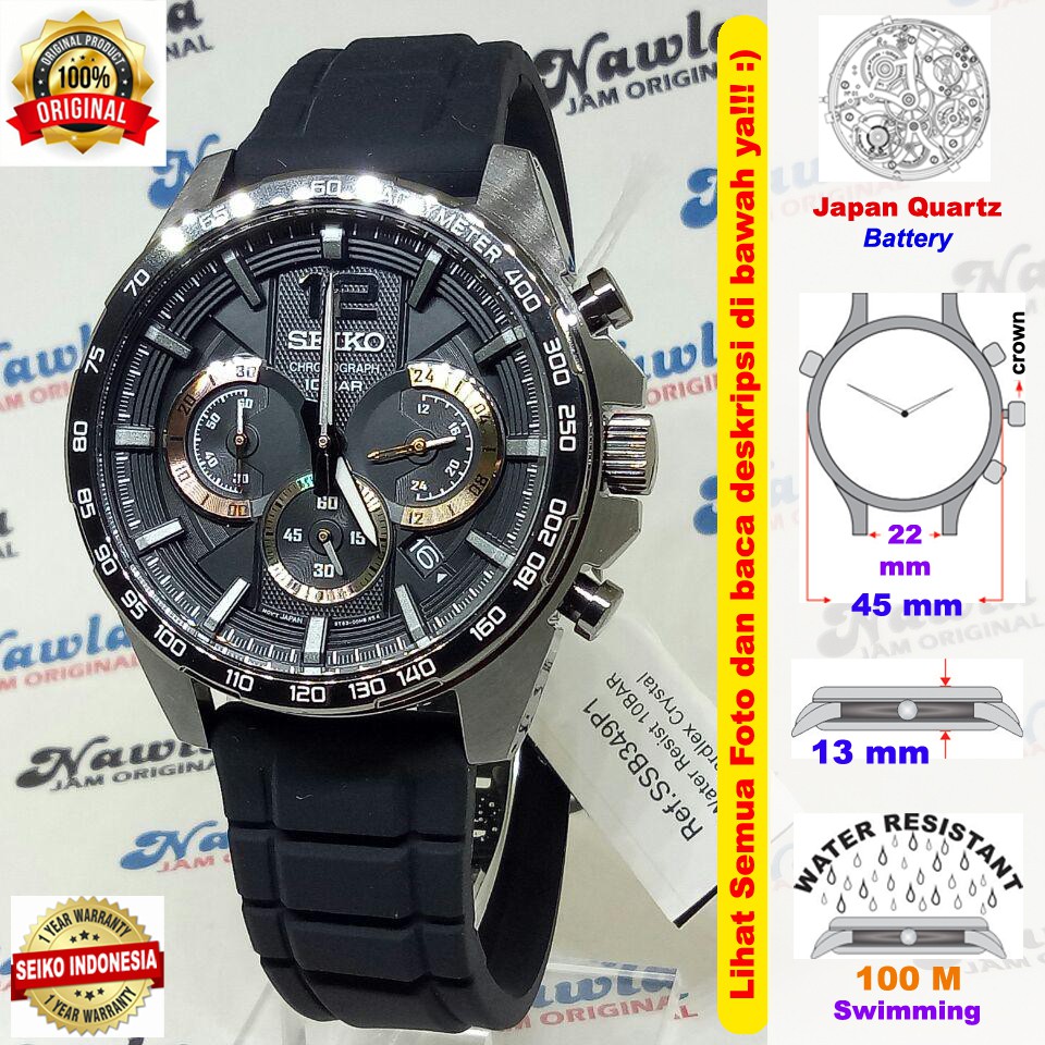 Seiko Quartz SSB349P1 Chronograph Black Rubber Jam Tangan Pria SSB349