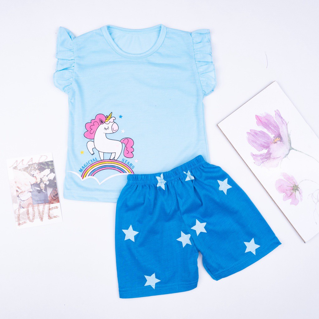 Terbaru SETELAN ANAK RUFFLE / SET BAJU ANAK CEWEK WISH / CALOUR FULL / WONDERFULL-UNICORN BIRU