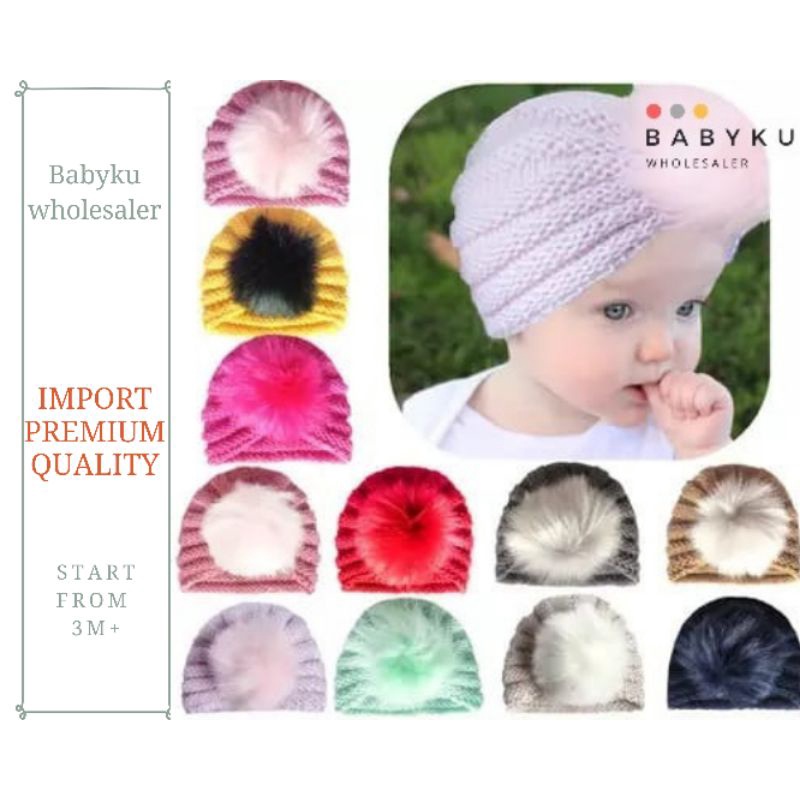 Topi kupluk bayi beanie hat / kupluk rajut pom pom