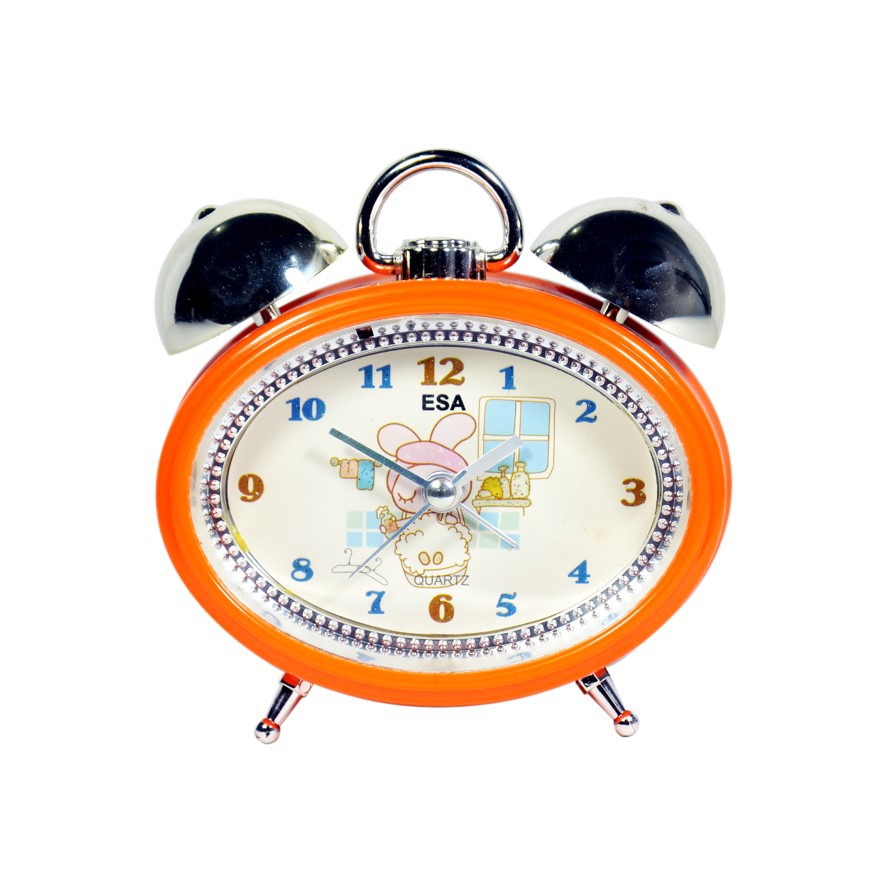 Jam Meja Weker Anak Alarm Clock Oranye 11 cm Lucu Unik Free Baterai 081002