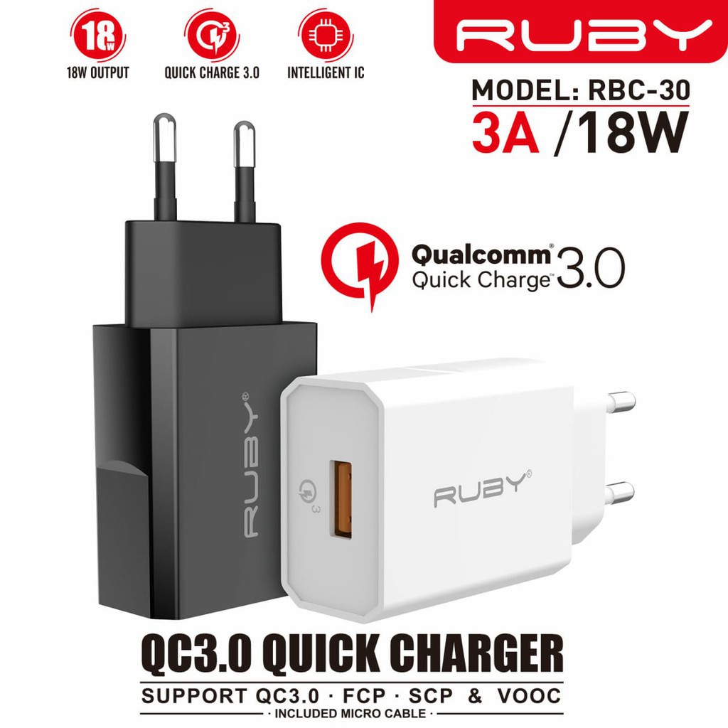 CHARGER 3.0A QUICK CHARGER - RUBY RBC-30 - WITH MICRO CABLE