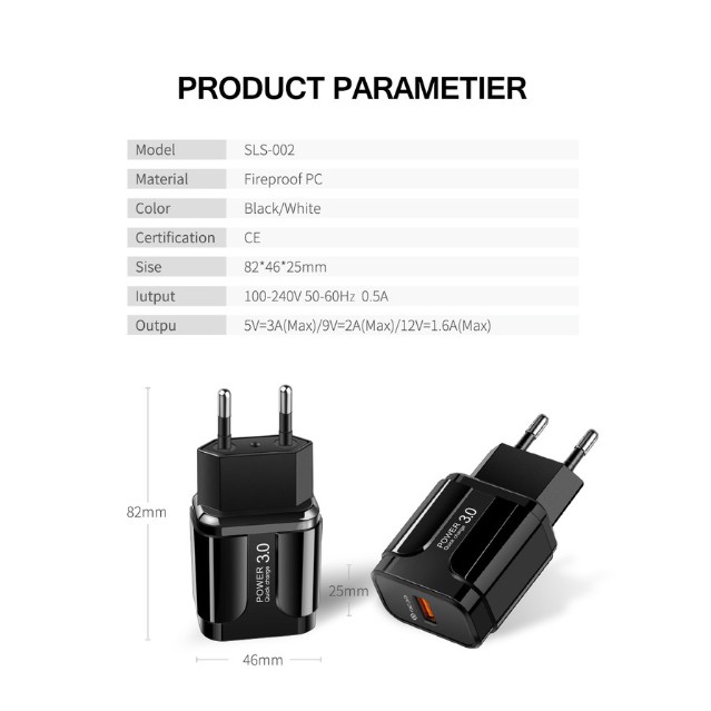 OLAF Charger USB 1 Port Fast Charging QC3.0 3A 18W EU Plug SLS 002