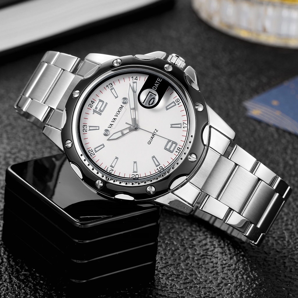VaVa Voom 2411 Jam Tangan Pria Tanggal Stainless Steel Quartz Original Tahan Air Watch + Kotak Gratis
