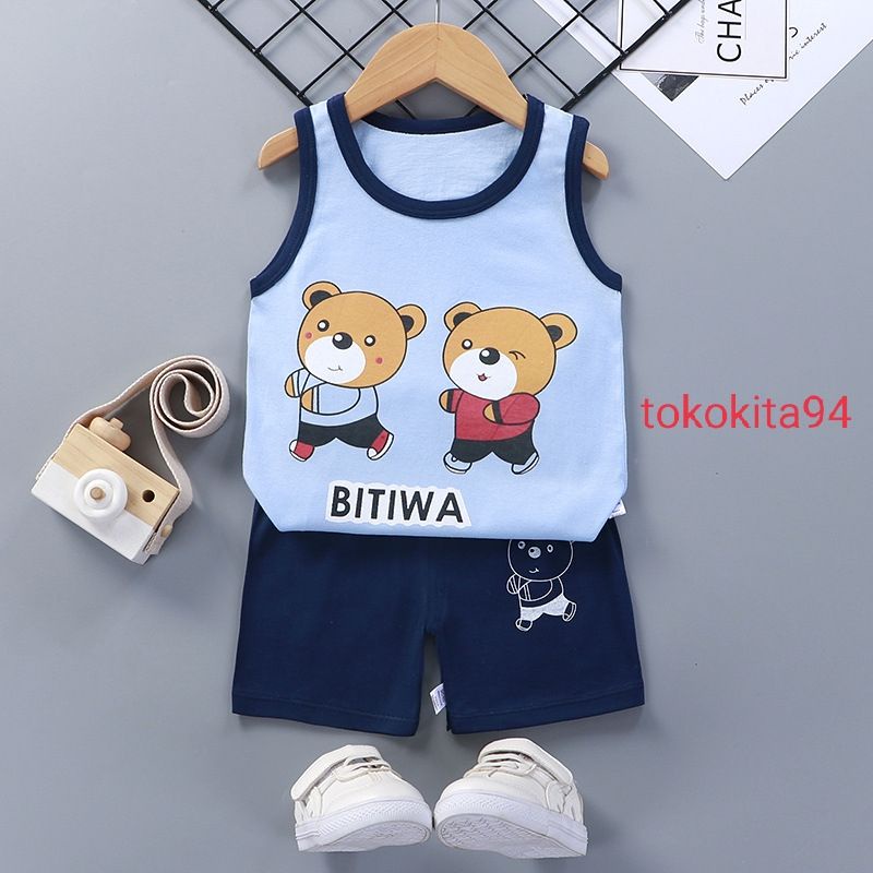 Setelan Singlet Anak  Import Laki Perempuan Motif Kartun - 1Set Singlet Anak Usia 6 Bulan sampai 4 Tahun - Setelan Anak Atas Bawah Korean Style Bahan Adem - Setelan Baju Anak Import