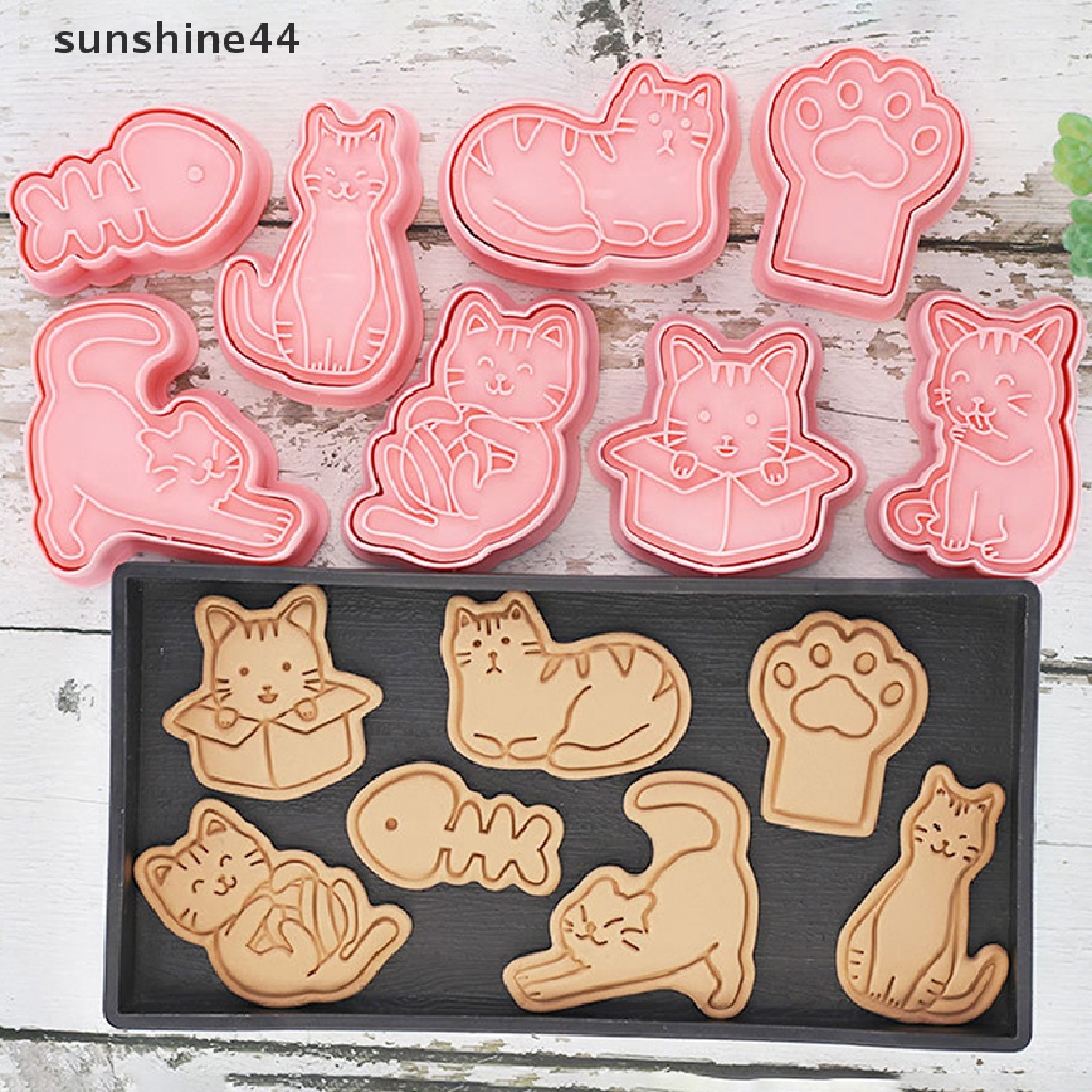 Sunshine 8Pcs Cetakan Biskuit / Cookies Bentuk Kartun Kucing 3D Bahan Plastik