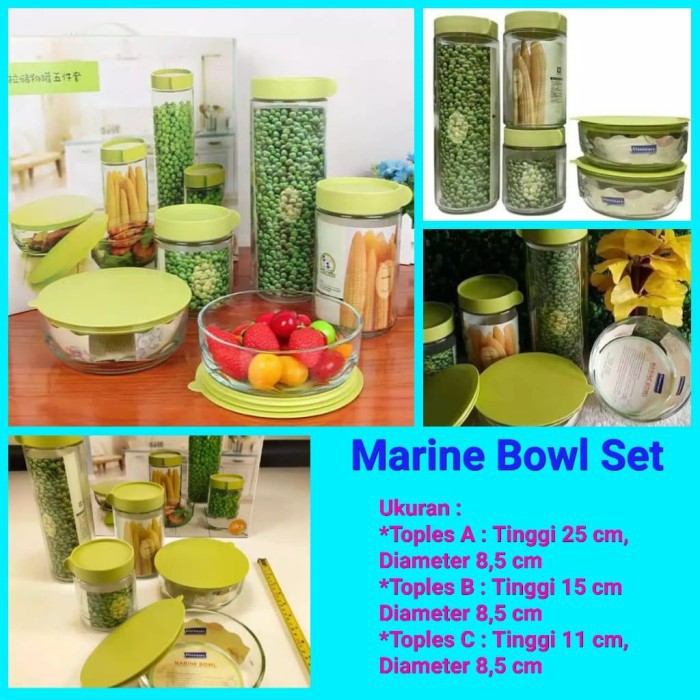 Toples Kaca Marine Set 5 Pcs - Toples Kue Lebaran Kaca 5 Pcs / Marine Bowl Glassware / Glass Jar bow