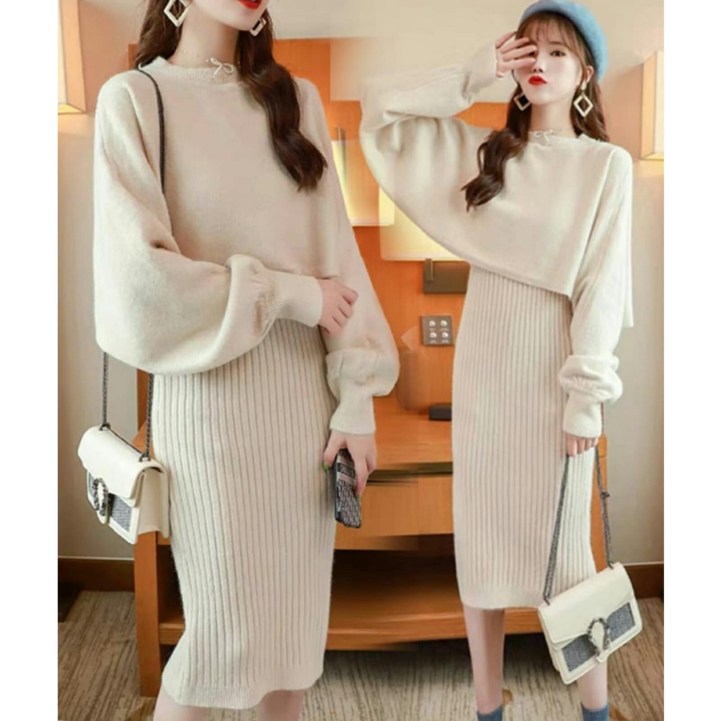 Dress Kkayanii + Outer - Long Dress Wanita Terbaru - Dress Casual Perempuan - Dress Rajut Wanita - Pakaian Wanita