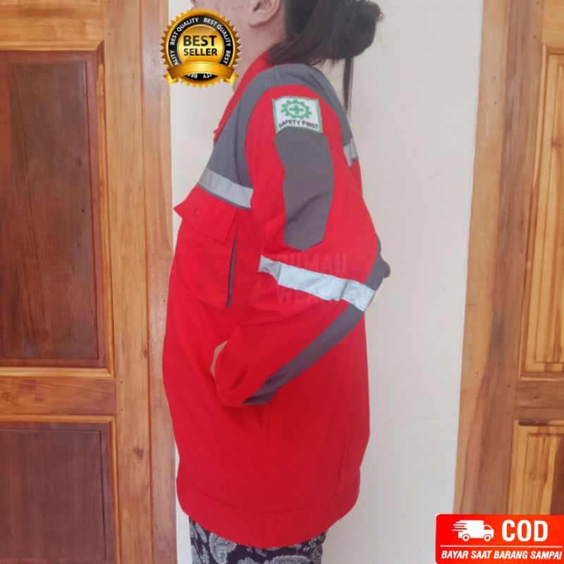 Baju Kerja/ Wearpack Proyek/ Kemeja Kerja Lengan Panjang Atasan Merah Kombinasi Abu Tua