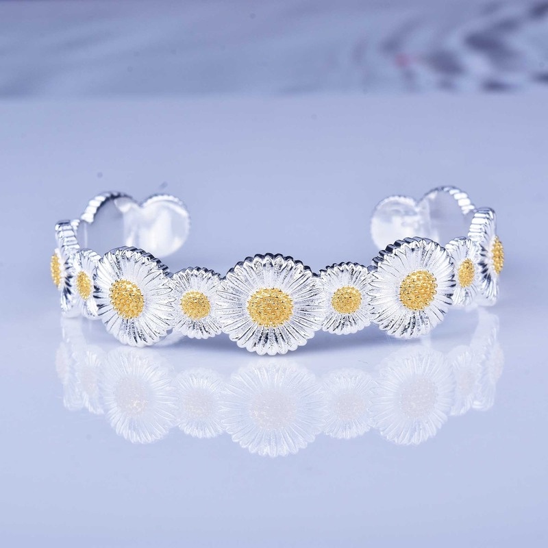 Italian Handmade Brushed Craft Vintage Daisy Palace Style 925 Silver Bracelet