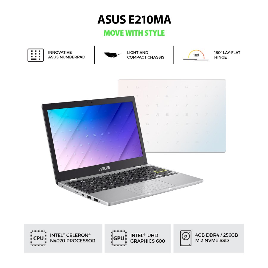 LAPTOP ASUS E210MA INTEL N4020 DDR4 4GB 256GB INTEL UHD 11.6