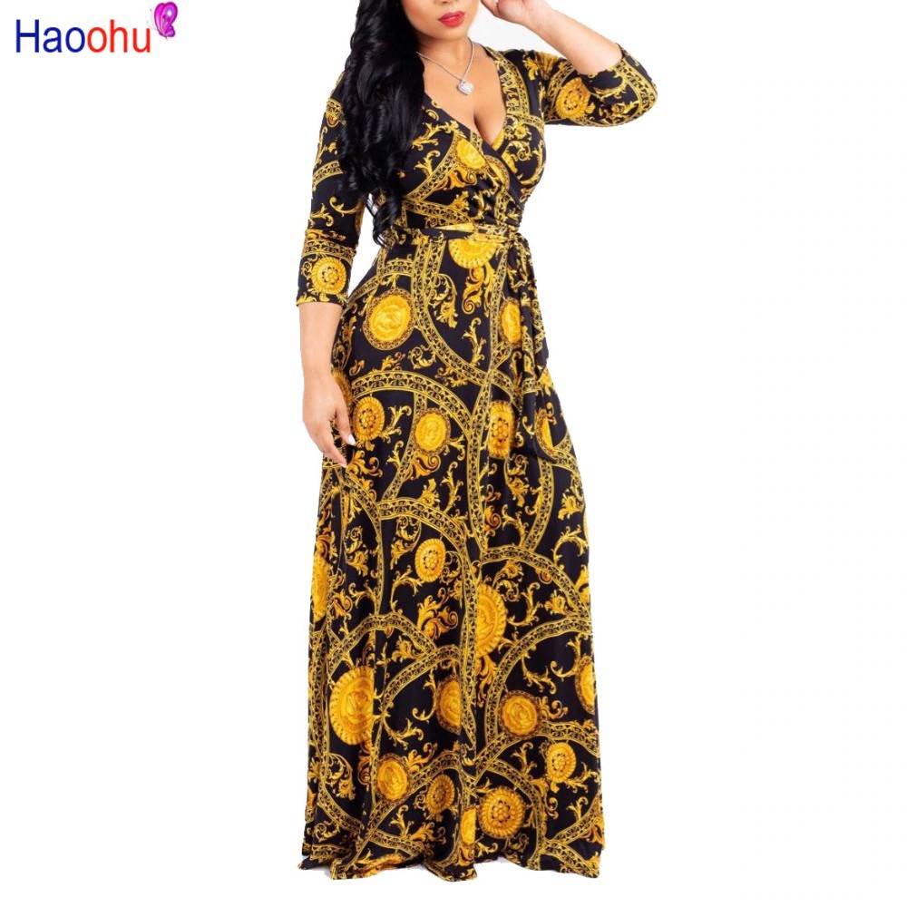 GROSIR HAOOHU Plus Size chain Bohemian Long Dress Plus Size Women Autumn Winter Tunic Maxi Beach