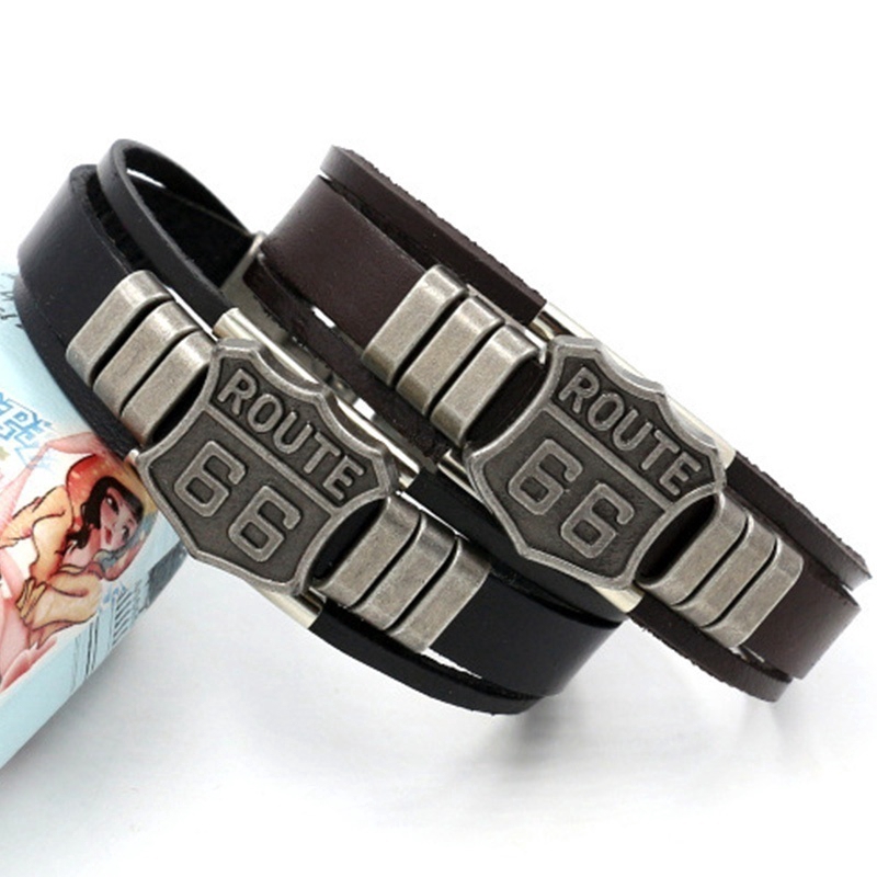 Logam Paduan dan Kulit ROUTE 66 Gelang Multi Layer Dicetak