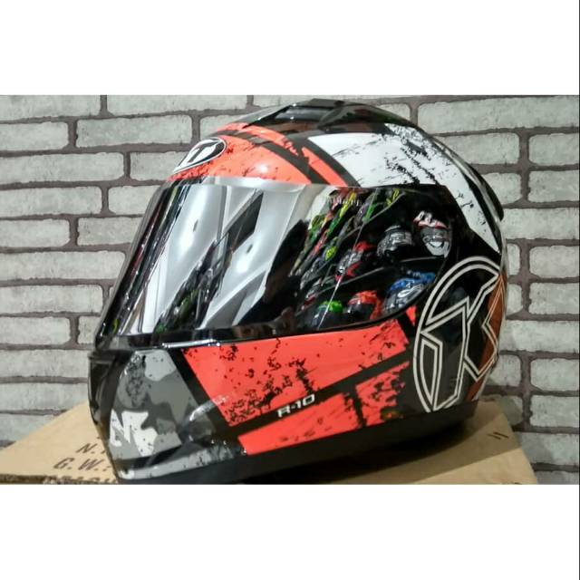 kyt r10 seri 4 black white red fluo paket ganteng visor silver