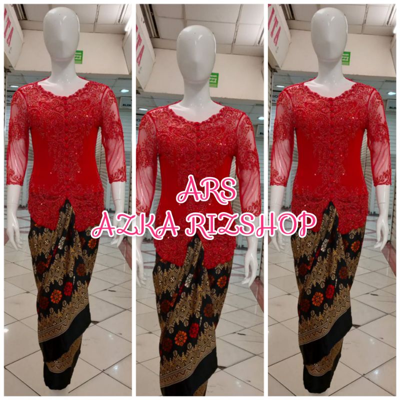 set kebaya pesta kebaya merah sabrina + longtorso  dan rok lilit modern