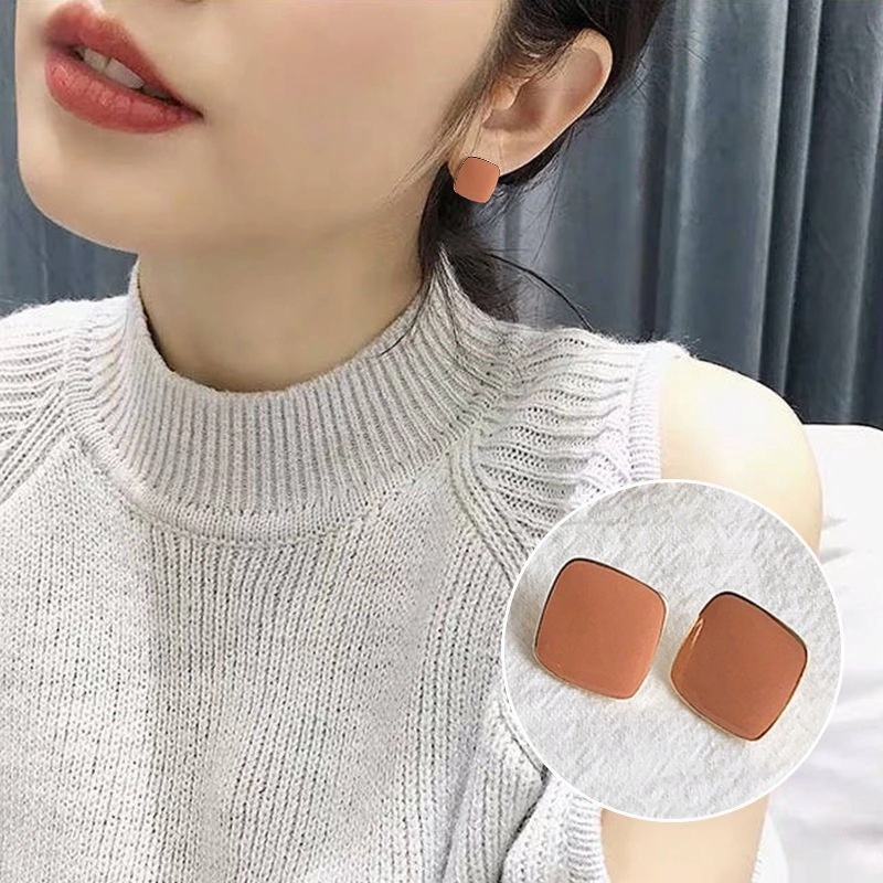 Anting Persegi Warna Retro Elegan S925 Jarum Perak Akrilik Warna Solid Anting-anting Wanita-khaki