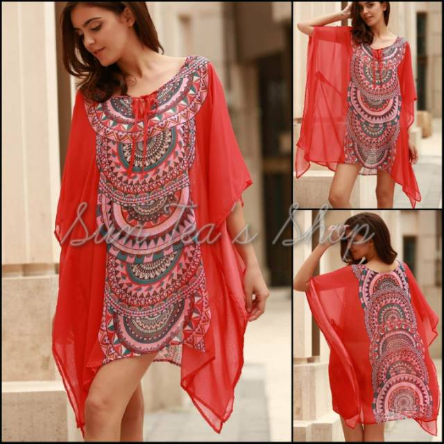 OT273 Red bohemian chiffon loose batwing dress cover up beach wear blouse