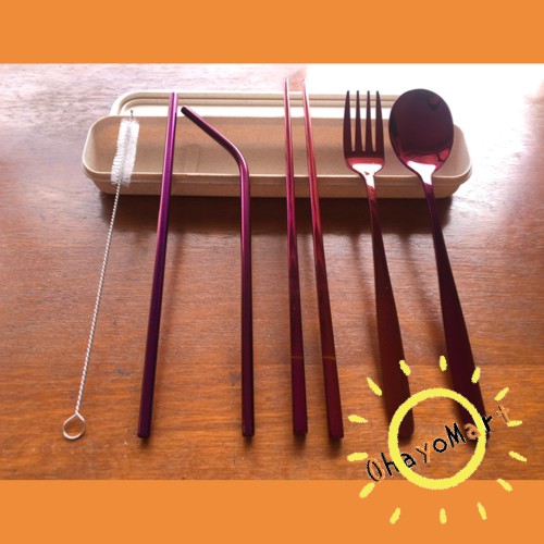 Alat makan set unik warna Pink / sedok stainless steel set korea 5in1