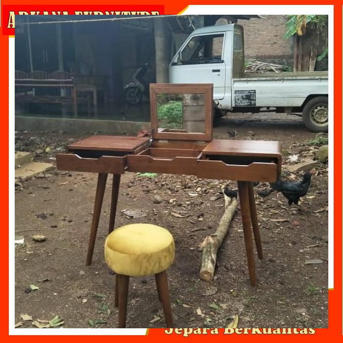 Set Tolet Meja Rias Make Up dandan Kosmetik Minimalis Murah Estetik 2 Laci Sliding Kayu Jati Jepara 